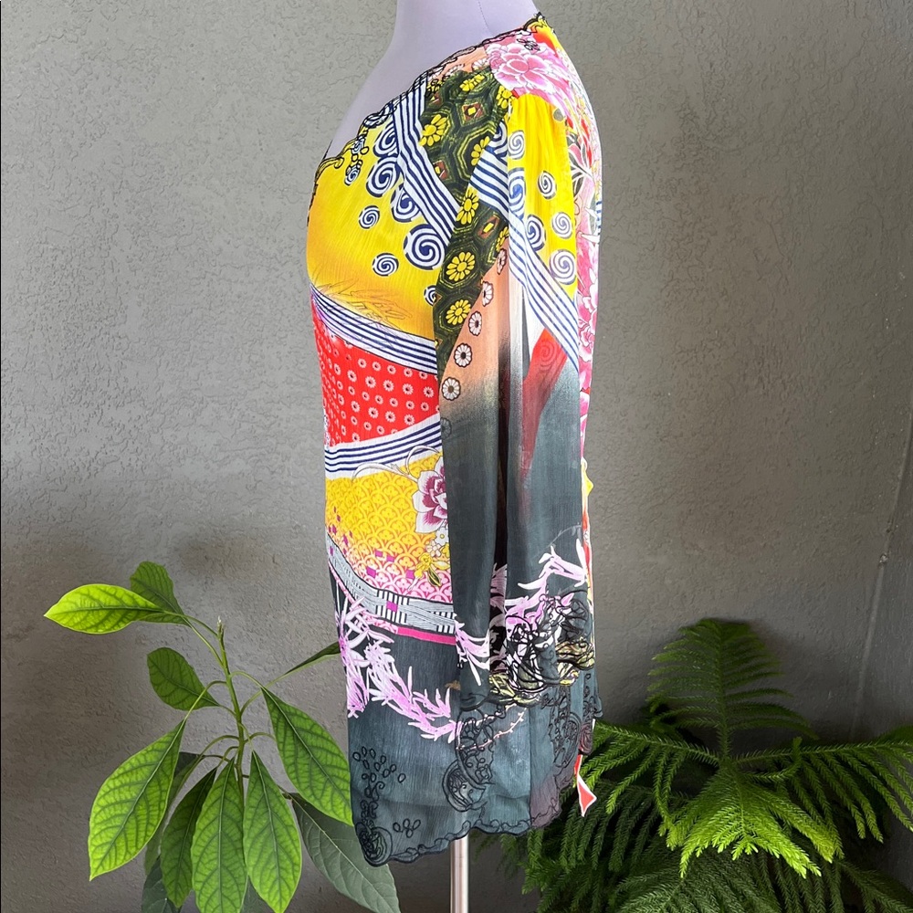 Mushka by Sienna Rose Tunic Top - Tag Size L Vibrant Asian & Floral Chiffon - Picture 4 of 9